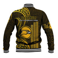 Unisex baseball jacket back with large logo and gold geometric pattern, striped hem cuffs.