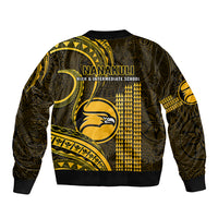 Unisex bomber jacket with gold and black kakau pattern, back graphic and ribbed hem
