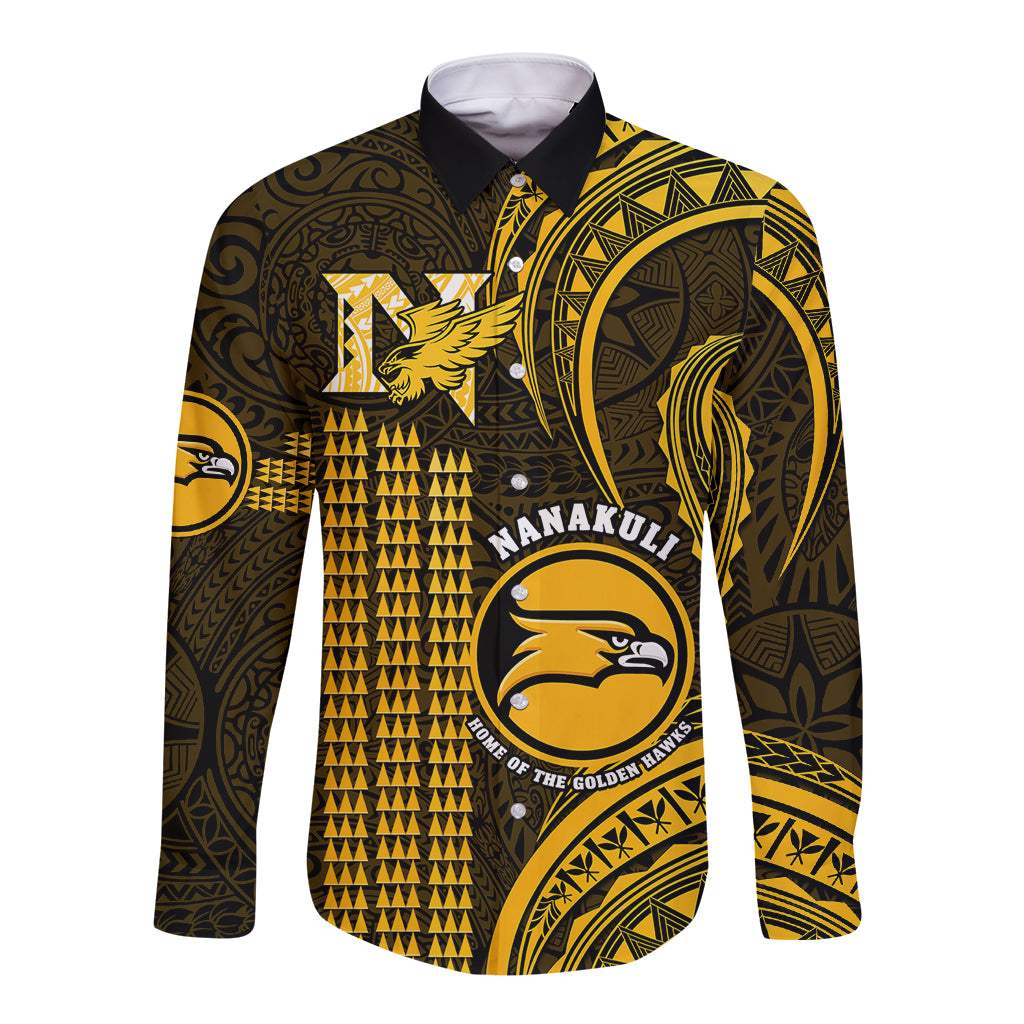 Long-sleeve button shirt in dark and gold with Polynesian crest graphic and black collar