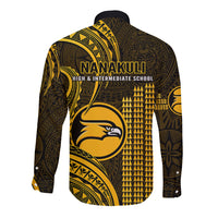 Long-sleeve button shirt in dark and gold with large Polynesian back graphic and black collar