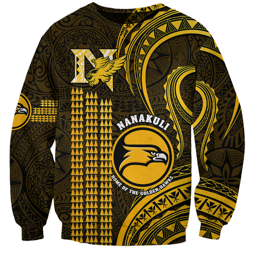 Gold and dark sweatshirt with front school logo, eagle graphic, and Polynesian kakau pattern