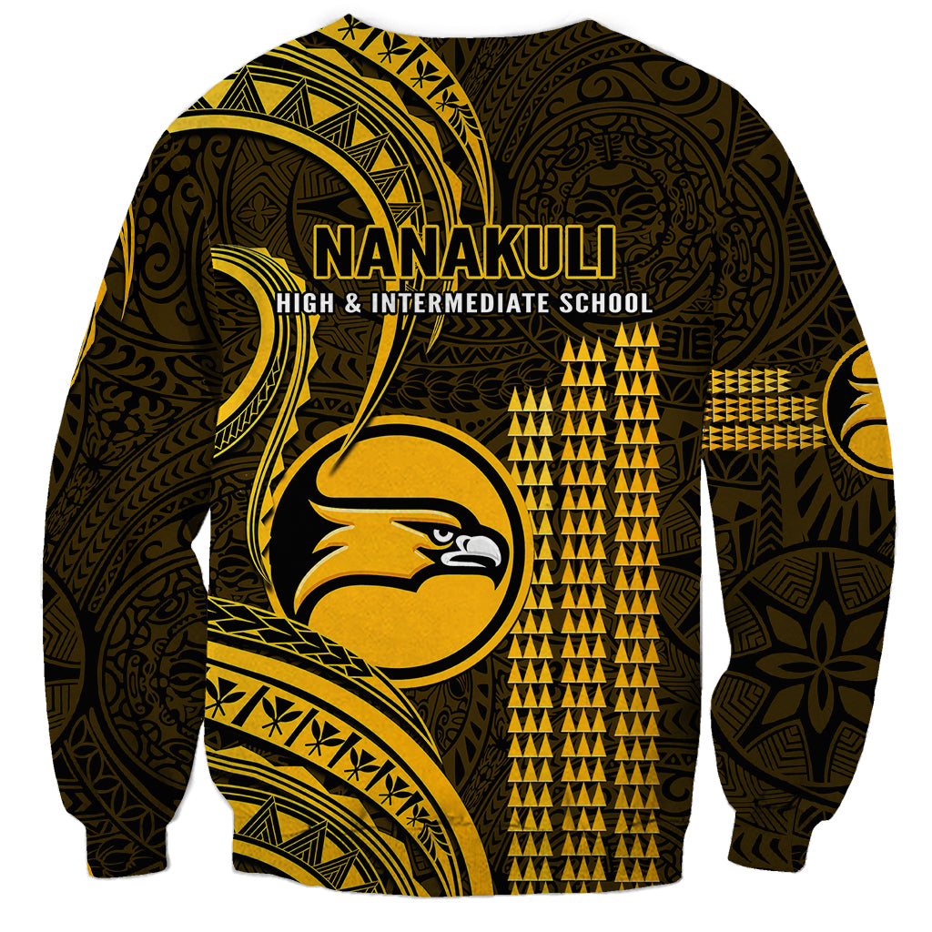 Gold and dark sweatshirt with back text and large eagle mascot, Polynesian kakau pattern