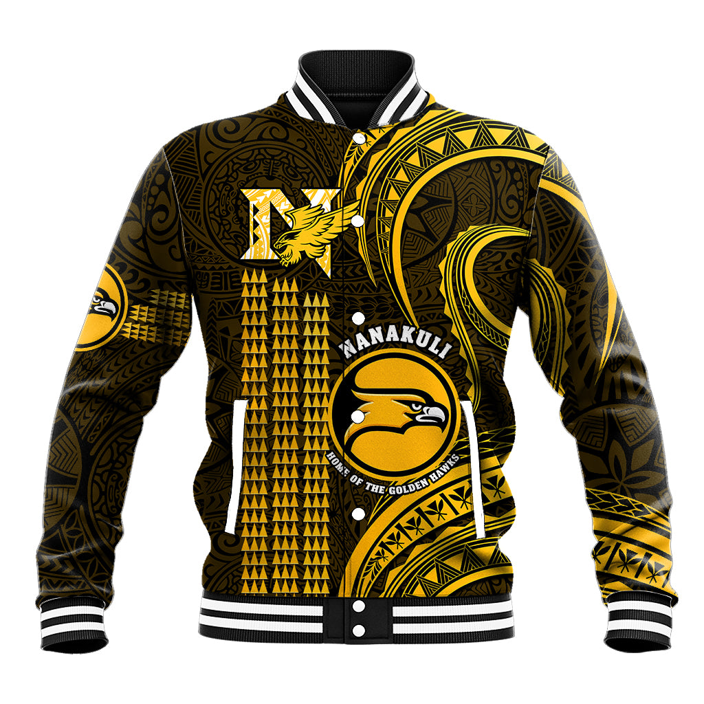 Gold and dark baseball jacket with Polynesian pattern, white striped collar and cuffs