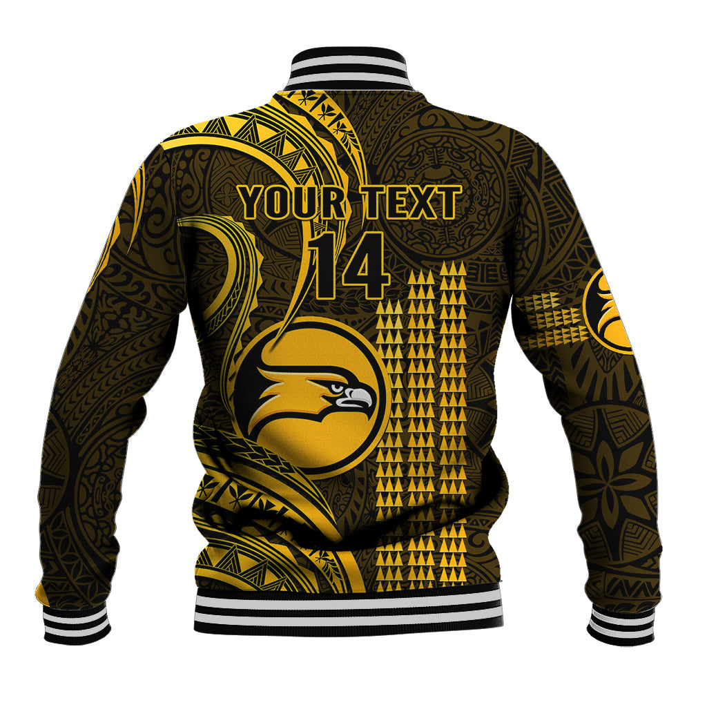 Dark and gold baseball jacket back with large emblem and striped ribbed collar and hem