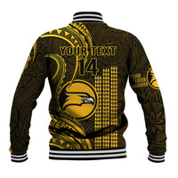 Dark and gold baseball jacket back with large emblem and striped ribbed collar and hem