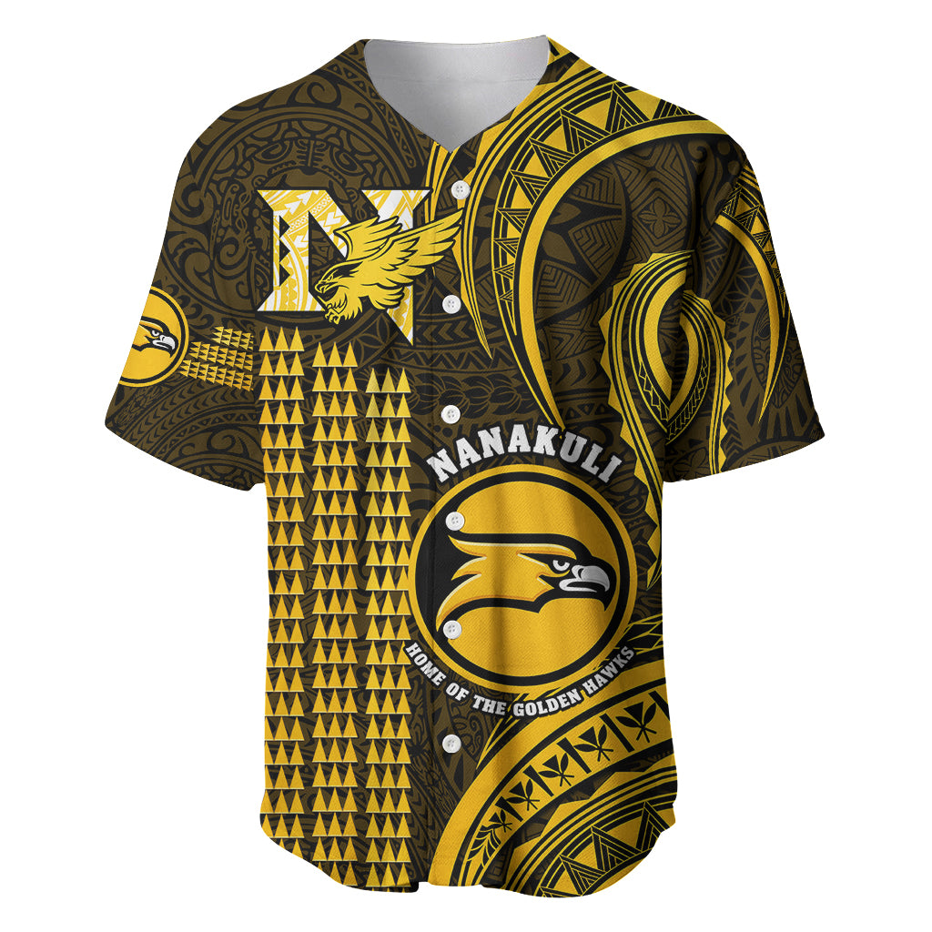 Gold and dark patterned baseball jersey with button front and Nanakuli logo