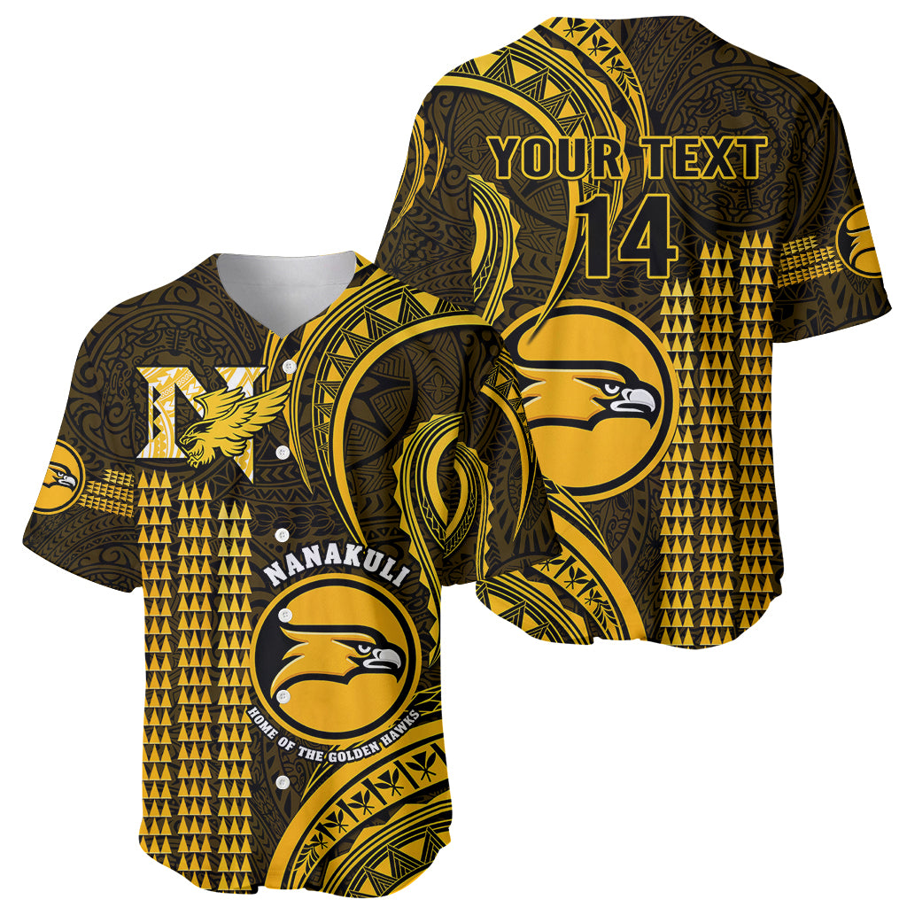 Gold and dark patterned baseball jersey front and back with Nanakuli crest