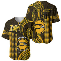 Gold and dark patterned baseball jersey front and back with Nanakuli crest