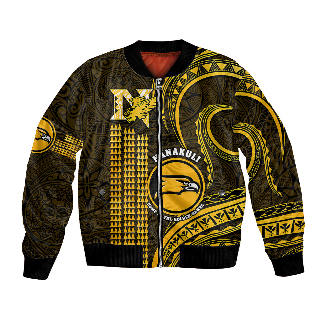 Black and gold bomber jacket, Polynesian print, front zip, school crest