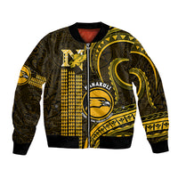 Black and gold bomber jacket, Polynesian print, front zip, school crest