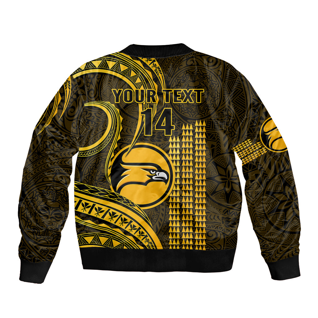 Black and gold bomber jacket with 'YOUR TEXT' and '14' on back