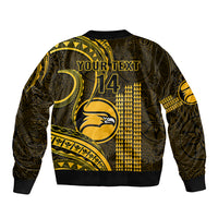 Black and gold bomber jacket with 'YOUR TEXT' and '14' on back