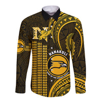 Long-sleeve button shirt with gold and dark polynesian print, Nanakuli crest on chest