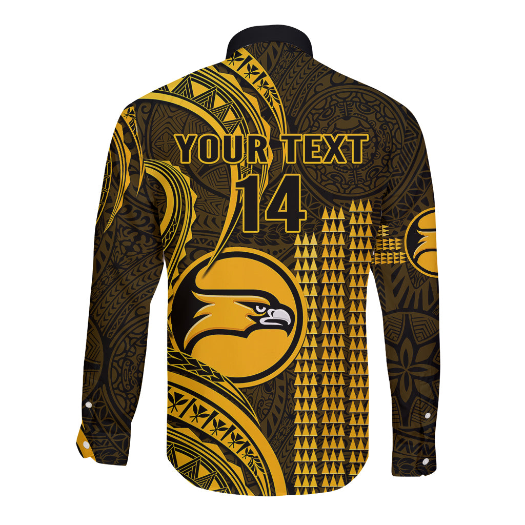 Long-sleeve button shirt with gold polynesian print, back text "YOUR TEXT 14" and mascot