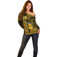 Women's off-shoulder sweater, dark with gold Polynesian pattern and crest front