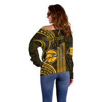 Women's off-shoulder sweater, dark and gold back print reading YOUR TEXT 14