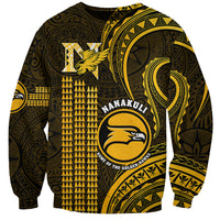 Gold and dark sweatshirt with Polynesian kakau pattern, eagle logo, Nanakuli text