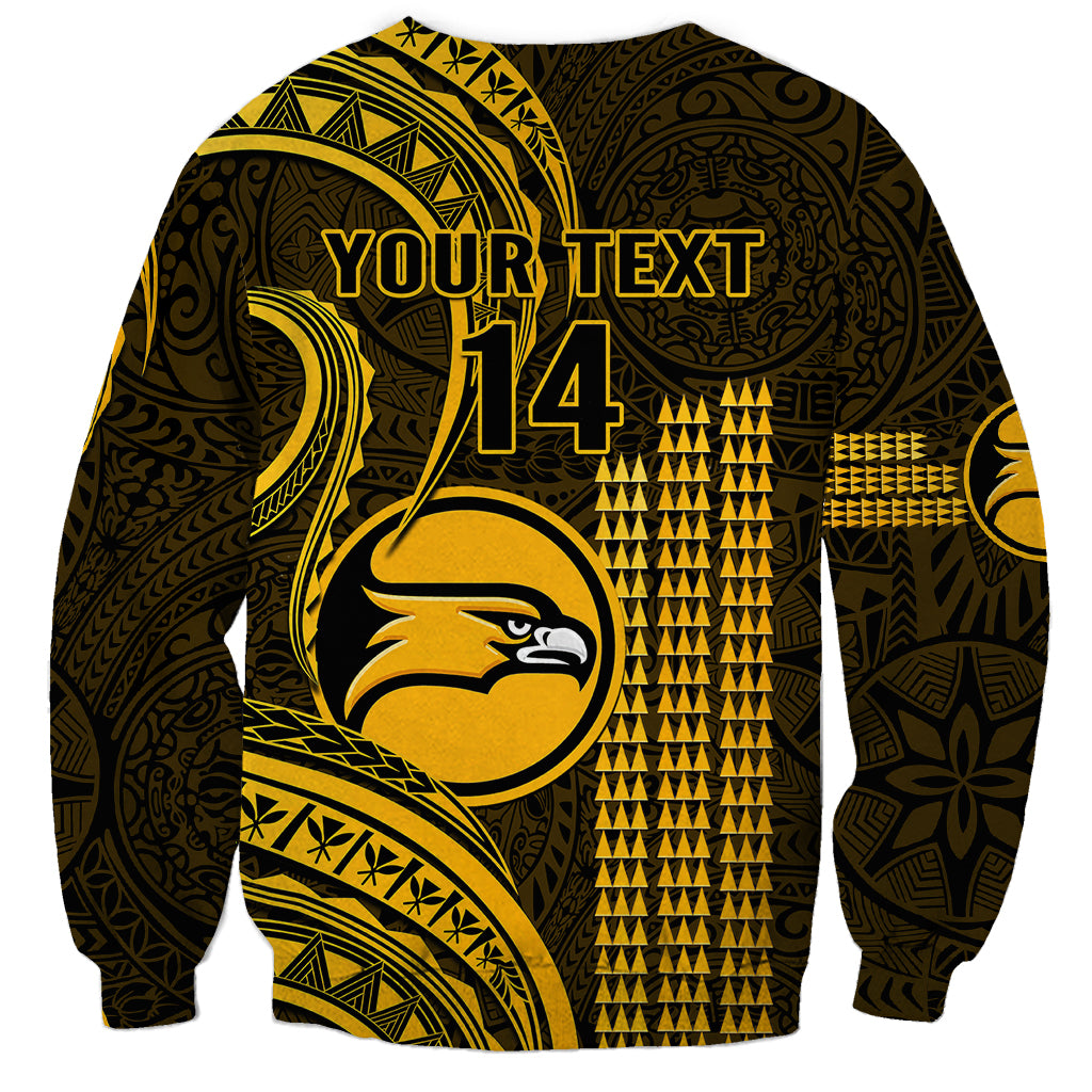 Gold and dark sweatshirt with Polynesian kakau pattern, “YOUR TEXT” and H4 on back