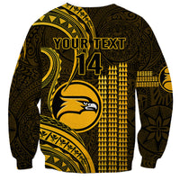 Gold and dark sweatshirt with Polynesian kakau pattern, “YOUR TEXT” and H4 on back