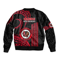Red and black bomber jacket back design with large tribal graphic, ribbed hem and collar