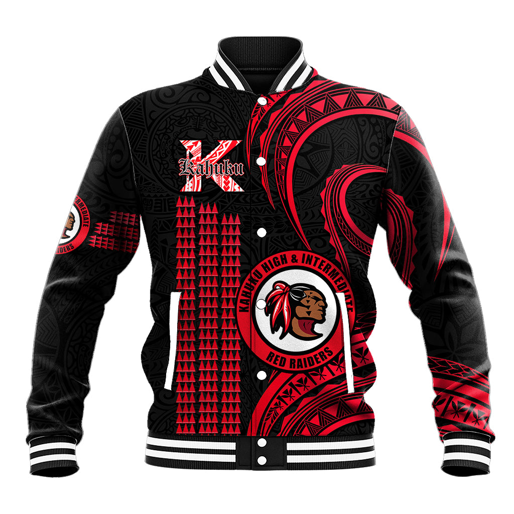 Red and black patterned baseball jacket with striped collar, snap front, and school emblem