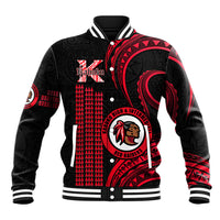 Red and black patterned baseball jacket with striped collar, snap front, and school emblem