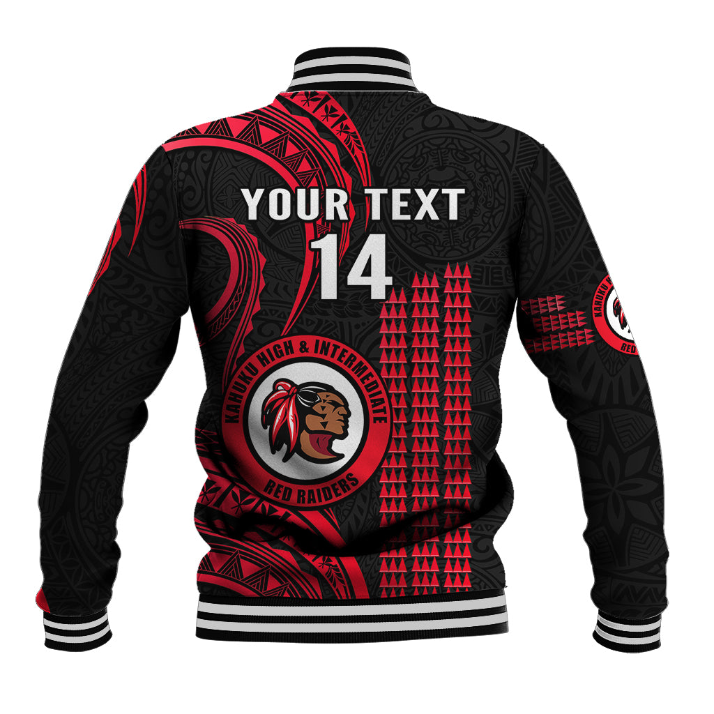Red and black baseball jacket back with 'YOUR TEXT 14' print, Indian head logo, striped cuffs