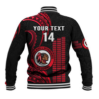 Red and black baseball jacket back with 'YOUR TEXT 14' print, Indian head logo, striped cuffs