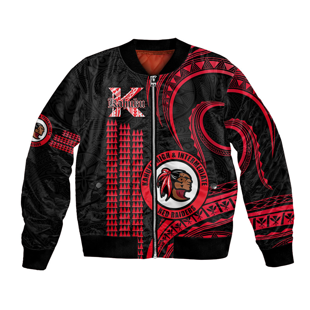 Red and black bomber jacket with zip front and red geometric school emblems
