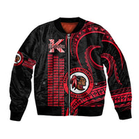 Red and black bomber jacket with zip front and red geometric school emblems