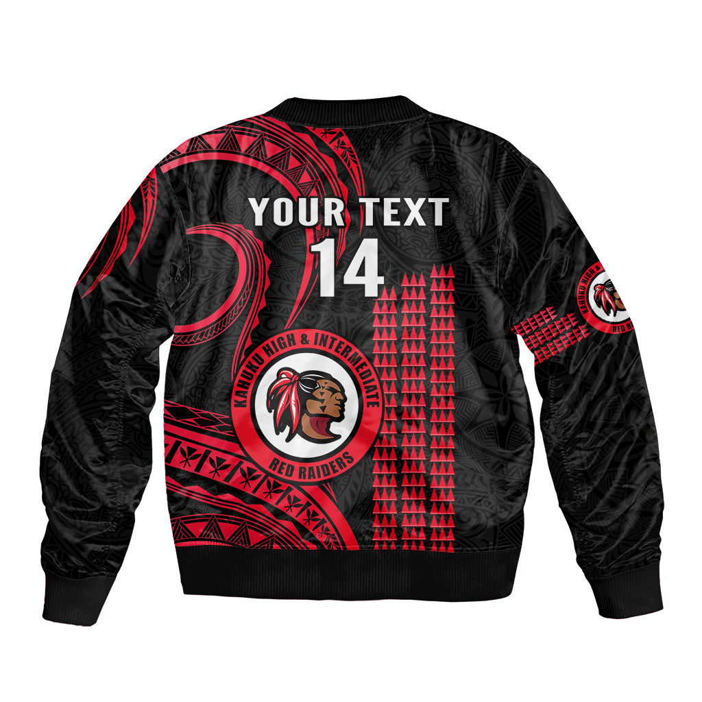 Black bomber jacket with red back print, tribal pattern and circular logo