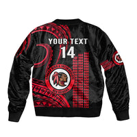 Black bomber jacket with red back print, tribal pattern and circular logo