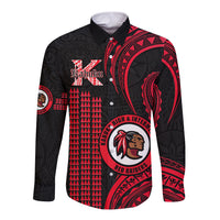 Long-sleeve button shirt in red and black with school crest and Kahuku pattern