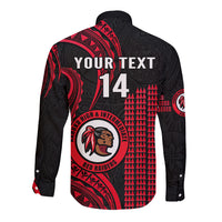 Back long-sleeve button shirt with 'YOUR TEXT' and '14' and Red Raiders crest