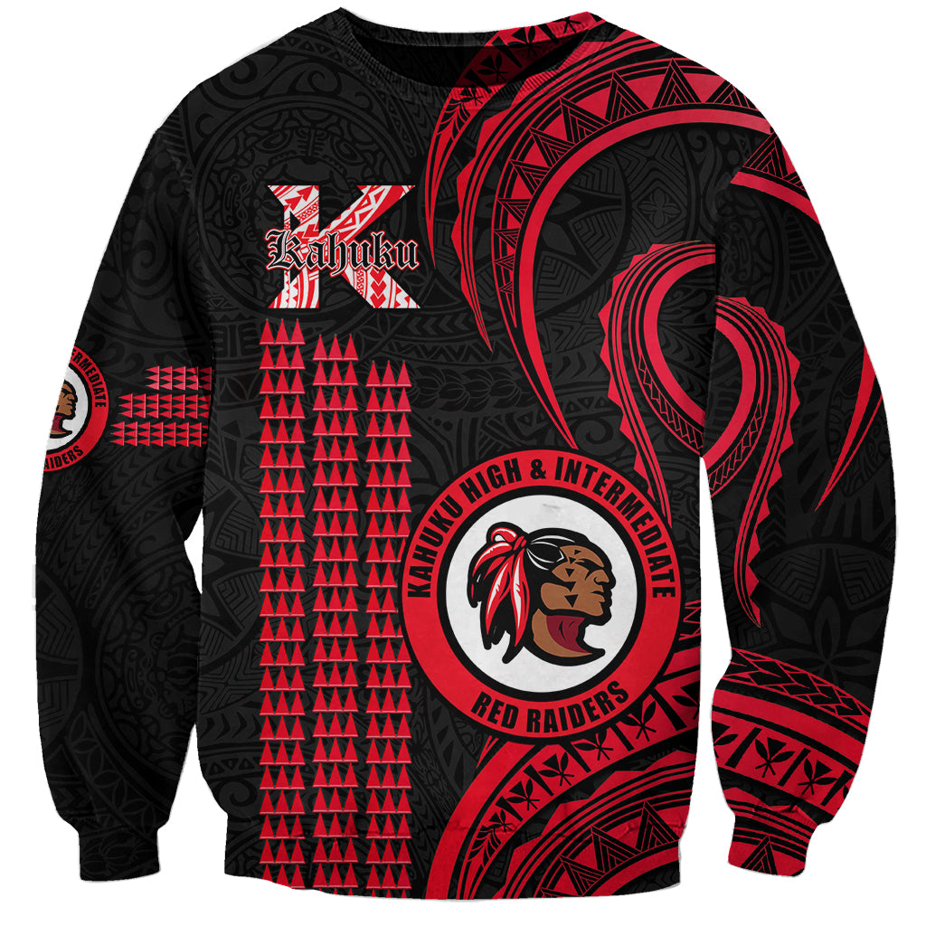 Red and black crewneck sweatshirt with tribal Kakau pattern and Red Raiders crest