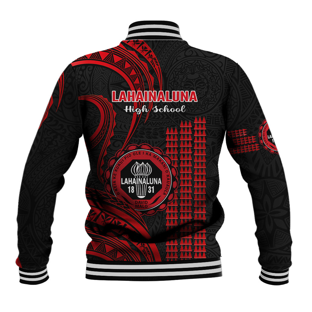 Black and red baseball jacket with large back crest, repeating geometric pattern, striped cuffs