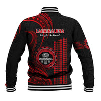 Black and red baseball jacket with large back crest, repeating geometric pattern, striped cuffs