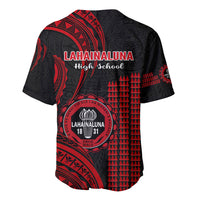 Red and black baseball jersey, back view with school logo and Polynesian pattern