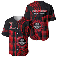 Red and black baseball jersey with circular crest and Polynesian tribal pattern