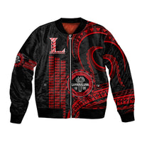 Black unisex bomber jacket with red Polynesian kakau graphic and front zipper patch
