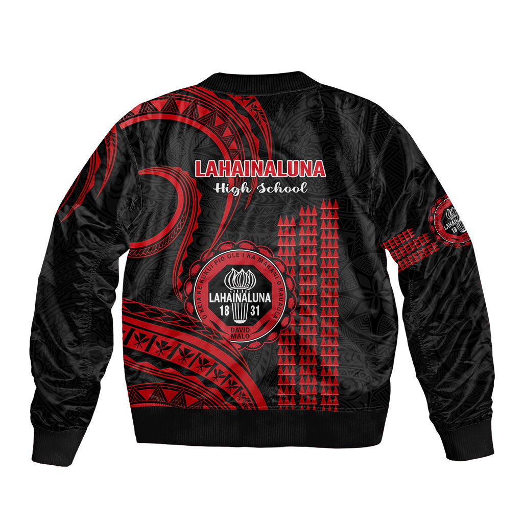 Black unisex bomber jacket with red Polynesian back print and ribbed cuffs