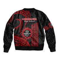 Black unisex bomber jacket with red Polynesian back print and ribbed cuffs