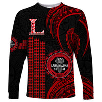 Unisex long sleeve shirt, black with red Polynesian pattern and front school crest