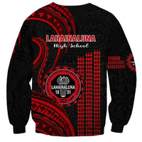 Unisex sweatshirt with red-and-black Polynesian pattern, back view with text