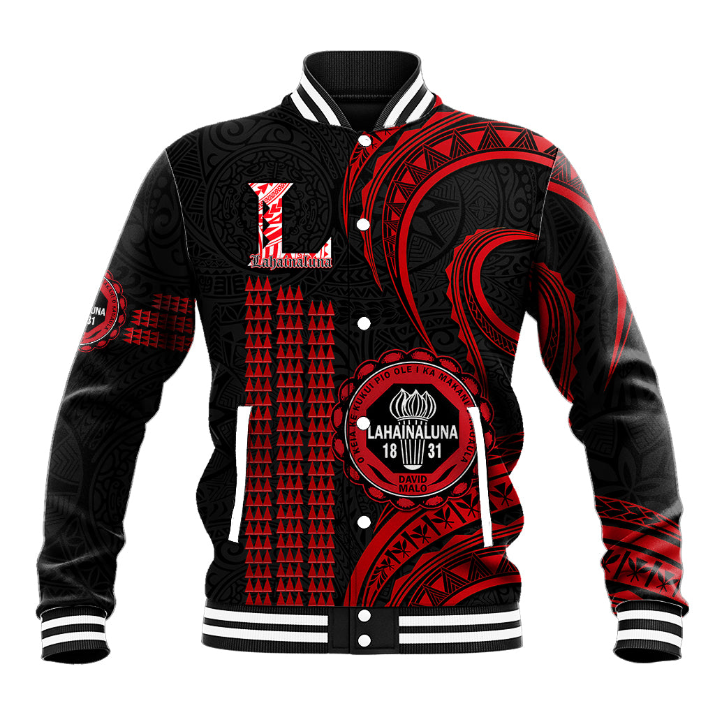 Red and black baseball jacket with Polynesian kakau pattern and front school emblem