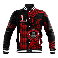 Red and black baseball jacket with Polynesian kakau pattern and front school emblem