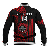 Back red and black baseball jacket with Polynesian pattern and 'YOUR TEXT 14' graphic