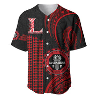 Black and red Polynesian patterned baseball jersey, front buttons and Lahainaluna badge