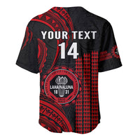 Black and red patterned baseball jersey back with YOUR TEXT, number 14, Lahainaluna badge