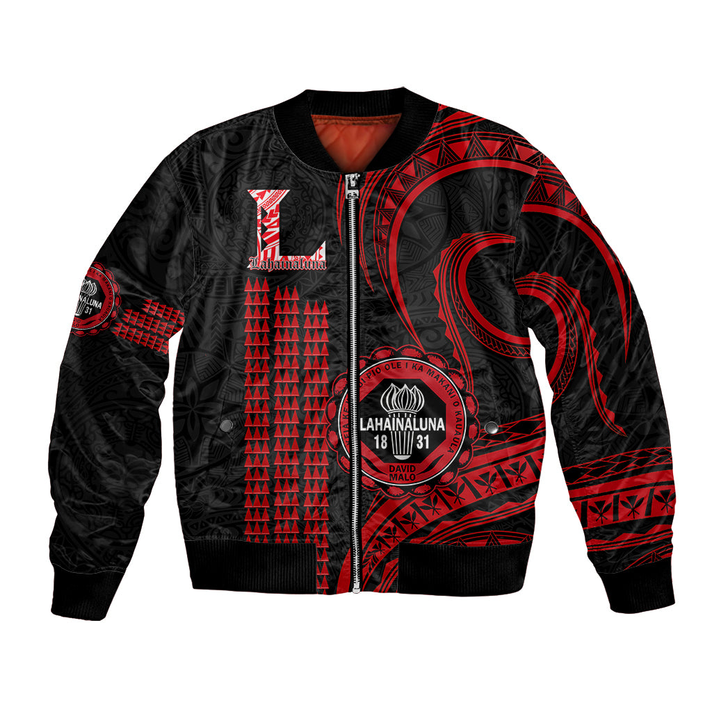Unisex bomber jacket with black base and red Polynesian kakau pattern, front zip.